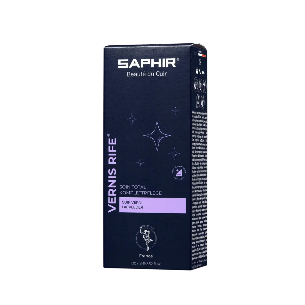 Vernis Rife Saphir nettoie, nourrit et protège le cuir verni, en aidant à prévenir les fissures et en maintenant un éclat brillant. De plus, il élimine efficacement les empreintes digitales, garantissant ainsi une apparence impeccable.