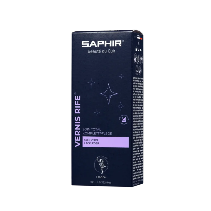 Vernis Rife Saphir nettoie, nourrit et protège le cuir verni, en aidant à prévenir les fissures et en maintenant un éclat brillant. De plus, il élimine efficacement les empreintes digitales, garantissant ainsi une apparence impeccable.