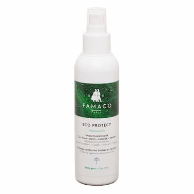 Eco Protect Famaco protège contre l’eau et les taches. Pour cuir lisse, daim, nubuck, textiles et matières synthétiques.