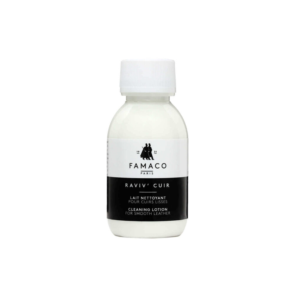 Raviv Cuir de Famaco est un lait nettoyant pour les cuirs lisses ou grainés. Il supprime toutes les taches du quotidien telles que l’alcool, le sucre et les excédants de cirage.