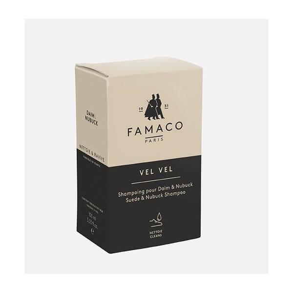 Vel Vel de Famaco est un shampoing doux pour daim ou nubuck, particulièrement efficace contre les taches.